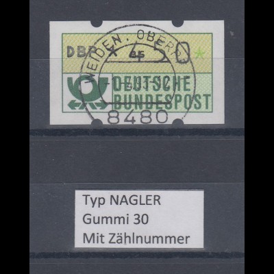 Deutschland NAGLER-ATM Posthorn Gummi WEISS Mi.-Nr. 1.2hv Wert 450 mit Voll-O ZN