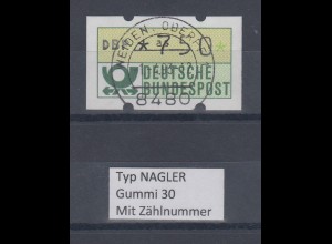 Deutschland NAGLER-ATM Posthorn Gummi WEISS Mi.-Nr. 1.2hv Wert 750 mit Voll-O ZN