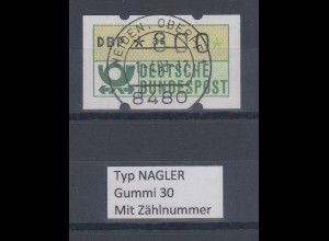 Deutschland NAGLER-ATM Posthorn Gummi WEISS Mi.-Nr. 1.2hv Wert 800 mit Voll-O ZN