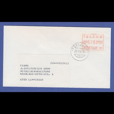 Island ATM Nr. 1 Aut.-Nr. 01 Wertstufe 750 auf Brief nach Lippstadt