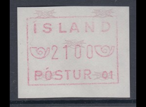 Island Frama-ATM 1.Ausgabe Aut.-Nr. 01 graulila Wert 2100 **