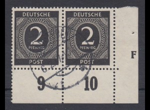 Alliierte Besetzung, 2 Pfg Ziffer, Mi.-Nr. 912 Eckrandpaar mit Druckerzeichen F 
