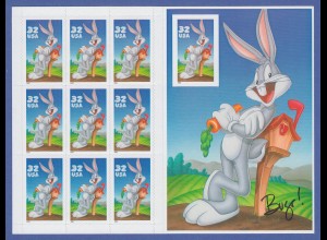 USA 1997 Comicfigur Bugs Bunny Folienblatt rechts mit Mi.-Nr. 2829 B ** SELTEN !