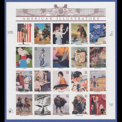 USA 2001: American Illustrators 20 Werte Mi.-Nr. 3405-24 ** im Folienbogen 