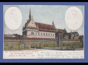 AK Nürnberg, Jubiläum Germanisches Museum gelaufen 1902 mit Prägedruck