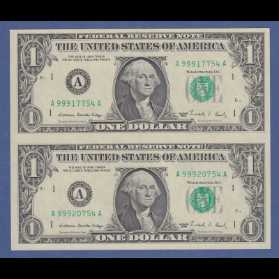 Banknote USA One Dollar im zusammenhängendem vert. Paar. 