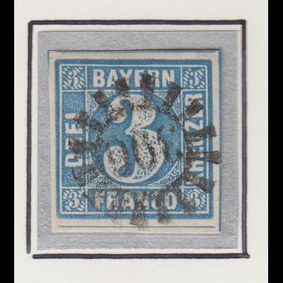 Bayern, 3 Kreuzer blau Mi.-Nr 2 II Platte 2 gestempelt mit GMR 396