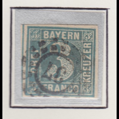 Bayern, 3 Kreuzer blau Mi.-Nr 2 II Platte 3 gestempelt mit OMR 37 Bayreuth
