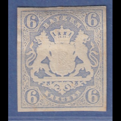 Bayern 1867 Wappenausgabe geschnitten 6 Kreuzer blau Mi.-Nr. 16 sauber *