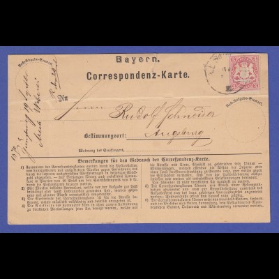 Bayern 3 Kreuzer Wappen Mi.-Nr. 15 als EF auf Korrespondenzkarte, 1870