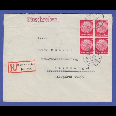 Dt. Reich Hindenburg 15 Pfg rot Mi.-Nr. 470 Viererblock auf R-Brief aus Allach