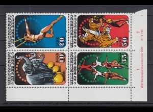 DDR 1985 Zirkus Mi.-Nr. 2983-86 Eckrand-Viererblock u.l. mit Druckvermerk **