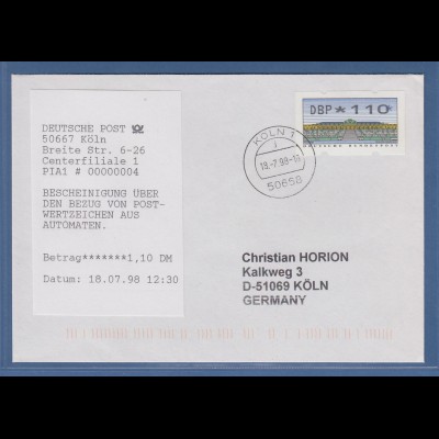 ATM Mi-Nr. 2.2.2 METTLER-TOLEDO Wert 110 mit AQ auf LDC Köln 18.7.98