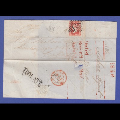 Indien, one Anna rot, Mi.-Nr. 5 auf Brief gelaufen nach Calcutta