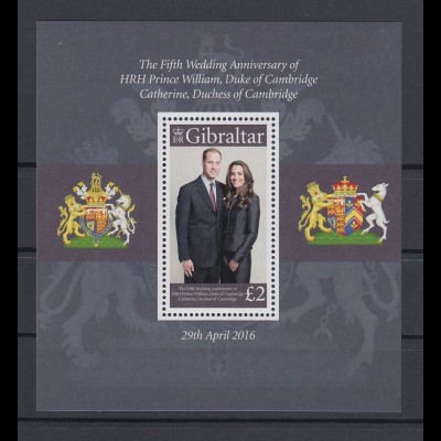 Gibraltar 2016 Mi.-Nr. Block 125 5 Jahre Ehe Prinz William Catherine Middleton