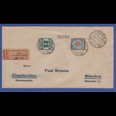 Danzig R-Brief 1922 gelaufen nach München, Stempel OHRA