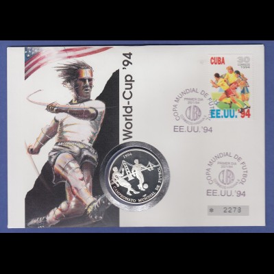 Fußball-WM USA 1994, Numisbrief mit Silbermünze Cuba / Kuba 10 Pesos, Ag.999