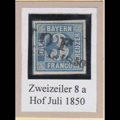 Bayern 3 Kreuzer blau TYPE I Mi.-Nr. 2I entwertet mit Zweizeiler HOF, Juli 1850