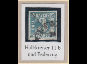 Bayern 3 Kreuzer blau TYPE I Mi.-Nr. 2I entwertet mit Halbkreis-O und Federzug