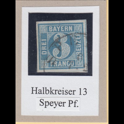 Bayern 3 Kreuzer blau TYPE I Mi.-Nr. 2I gestempelt mit Halbkreis-O SPEYER