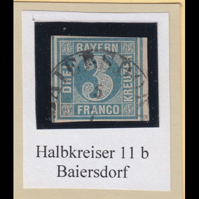 Bayern 3 Kreuzer blau TYPE I Mi.-Nr. 2I gestempelt mit Halbkreis-O BAIERSDORF