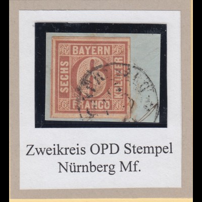 Bayern 6 Kreuzer braun TYPE I Mi.-Nr. 4I auf Briefstück mit Orts-O NÜRNBERG