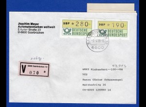 ATM 1.1 Werte 280 und 190 Pfg aus MWZD mit AQ auf Wertbrief, SAARBRÜCKEN 13 1989