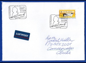 ATM 5.1 Wert 3,00 € auf großem Lp-Bf. nach Chile, Sonder-O Kiel W.A. Mozart 2006