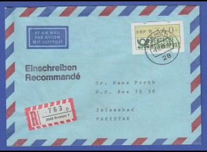 ATM 1.1 Wert 340 aus SCHWZD BREMEN 1 auf R-Brief -> Islamabad 9.12.1988