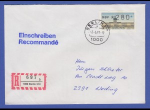 ATM Berlin 280 Pfg mit AQ aus MWZD BERLIN 510 auf R-Brief. , Ersttag 7.5.87