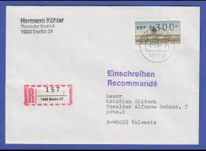 ATM Berlin 300 Pfg mit AQ aus MWZD BERLIN 27 auf Ausl.-R-Brief, Ersttag 8.5.87