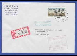ATM Berlin 250 Pfg mit AQ aus MWZD BERLIN 65 auf R-Brief, Ersttag 13.5.87