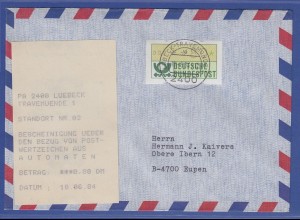 ATM 1.1 Wert 80 aus MWZD LÜBECK-TRAVEMÜNDE mit AQ auf Brief nach Belgien, 1984