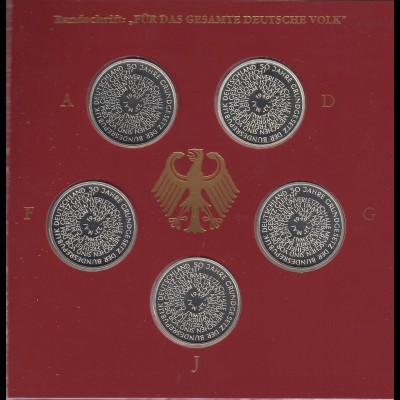 Bundesrepublik 10DM 1999: 50 Jahre Grundgesetz 5 Münzen ADFGJ in PP im Folder