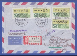 ATM 1.1 Wert 80 4x auf Lp-R-Brief nach Norwegen mit Tages-O FLENSBURG, retour