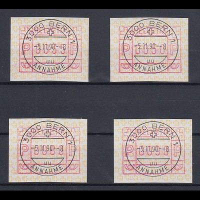 Schweiz 1990, FRAMA-ATM Postembleme gelb, Mi-Nr. 4 Satz 35-50-80-90 mit ET-O