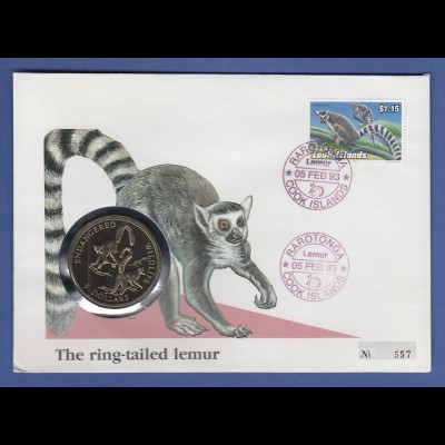 Cook Islands 1993 Numisbrief mit 5-Dollar Münze Endangered Wildlife Katta Lemur