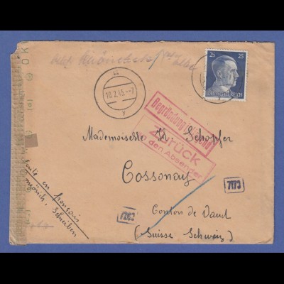 Februar 1945 interess. Zensur-Retour-Brief aus Deutschland gel. in die Schweiz