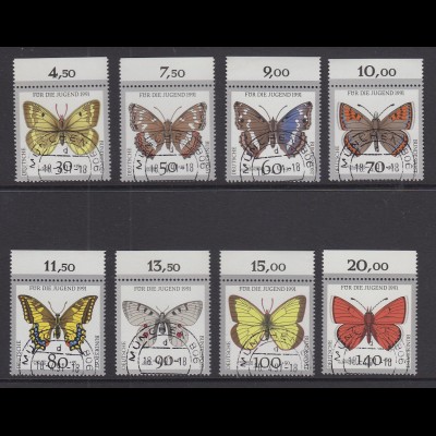 Bund 1991 Schmetterlinge Mi.-Nr. 1512-19 Oberrandsatz einheitl. Stempel MÜNCHEN