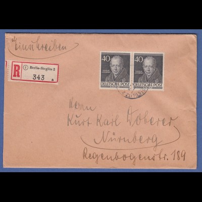 Berlin Männer Humboldt Mi-Nr. 100 waager. Paar auf schönem R-Brief nach Nürnberg