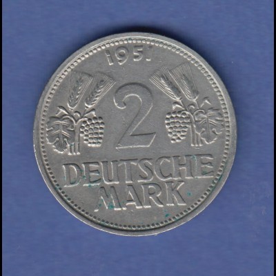 Bundesrepublik DM-Kursmünze 2 Mark Ähren seltenste Variante 1951 G 