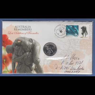 Australien 2010 Numisbrief mit 1$-Münze SOLDIERS OF FROMELLES, echt gelaufen