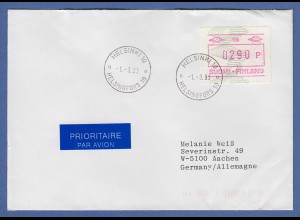 Finnland 1993 ATM Mi-Nr 14.2 Aut.-# 008 Wert 290 auf FDC nach Deutschland