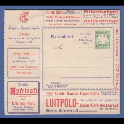 Bayern Privat-Ganzsache Reklame-Kartenbrief mit 5 Pfg Wappen LUITPOLD Luxus-Café