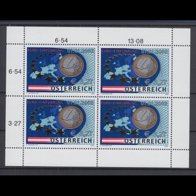 Österreich 2002 Euro-Einführung Mi.-Nr. 2368 Kleinbogen mit 4 Werten **