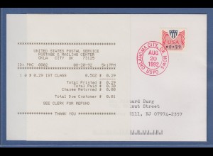 USA 1992 PMC Gard-ATM 0,29$ auf FDC 20.8.92 mit Voucher-Ersttags-Quittung ! 