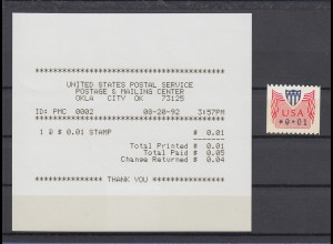 USA 1992 PMC Gard-ATM 0,01$ ** mit Ersttags-Automatenquittung 20.8.92