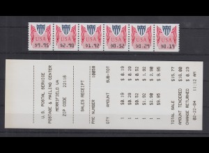 USA 1994 Unisys ATM Satz 1. Tarif 19-29-52-192-290-995 ** im 6er-Streifen mit AQ