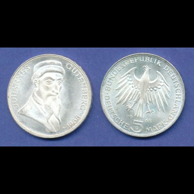Bundesrepublik 5DM Silber-Gedenkmünze 1968, Johannes Gutenberg