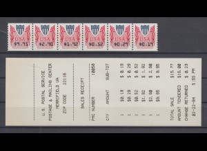 USA Unisys ATM 1994 1. Portosatz 6 Werte $0,19 - $9,95 im 6er-Streifen ** mit AQ